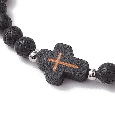 Cross Natural Lava Rock Beads & Wood Round Beads Stretch Bracelets for Men Women BJEW-JB11832-01-1