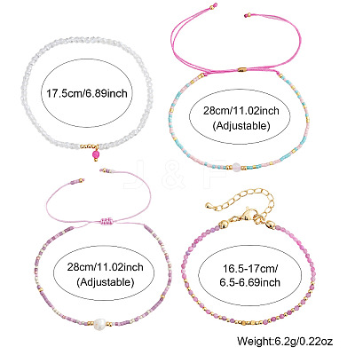 4Pcs 4 Styles Natural Gemstone Round Beaded Bracelets & Glass Seed Beads Adjustable Bracelets & Glass Round Beaded Charm Bracelets Set for Women EV4256-2-1