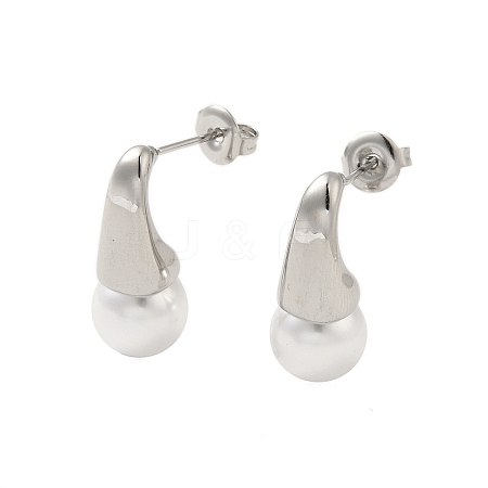 304 Stainless Steel Shell Pearl Round Stud Earrings for Women EJEW-U020-27P-1