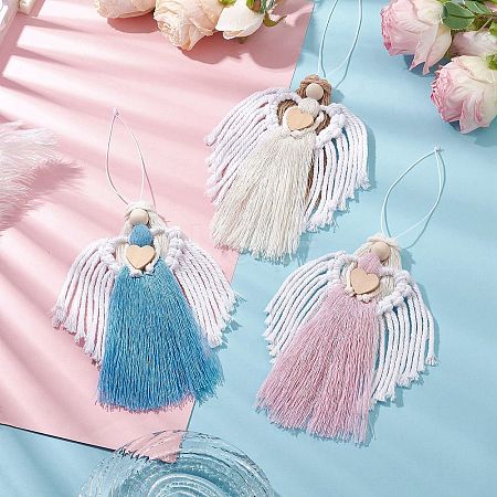 3Pcs 3 Colors Handmade Macrame Cotton Angel Hanging Ornaments HJEW-JM02760-1