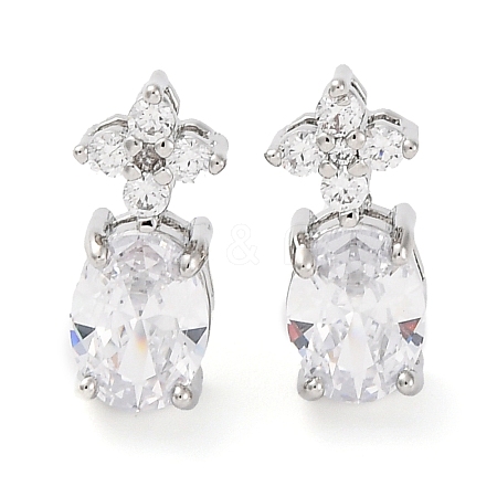 Brass Pave Cubic Zirconia Flower & Oval Stud Earrings for Women EJEW-I304-26P-08-1