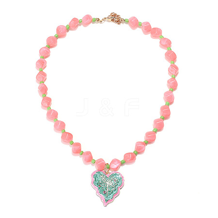 Alloy Enamel Leaf Pendant Resin Nuggets Beaded Necklaces for Women WG16F8F-01-1