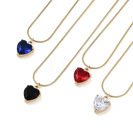 PVD Vacuum Plating 304 Stainless Steel Cubic Zirconia Heart Pendant Round Snake Chain Necklaces for Women NJEW-Z044-09G-1