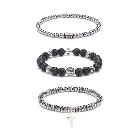 3Pcs 3 Style Natural Lava Rock & Synthetic Hematite Stretch Bracelets Set BJEW-JB08692-1