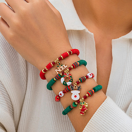 4Pcs 4 Styles Christmas Theme Handmade Polymer Clay Heishi Beads Stretch Bracelets WG289FB-12-1