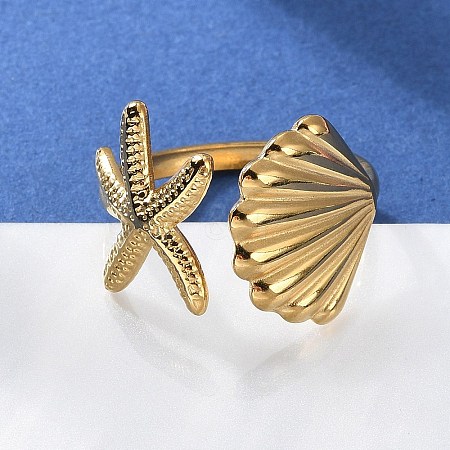 304 Stainless Steel Starfish & Shell Open Cuff Rings for Women RJEW-C095-09G-1