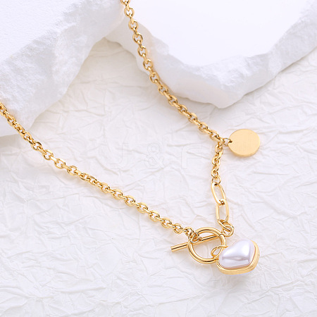 French Style Stainless Steel Pave Imitation Pearl Heart O-Toggle Pendant Necklaces for Women BF9178-2-1