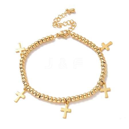 Vacuum Plating 304 Stainless Steel Cross Charm Bracelet with 201 Stainless Steel Round Beads for Women BJEW-B057-24G-1