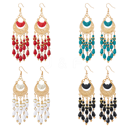 FIBLOOM 4 Pairs 4 Colors Glass Seed Beaded Tassel Chandelier Earrings EJEW-FI0002-40-1