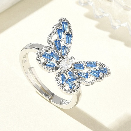 Adjustable Brass Butterfly Finger Rings with Light Blue Cubic Zirconia CU-CBA7E55-18P-02-1