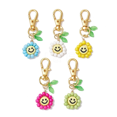 Smiling Face Flower Glass Seed with Acrylic Pendant Decorations HJEW-JM02530-1