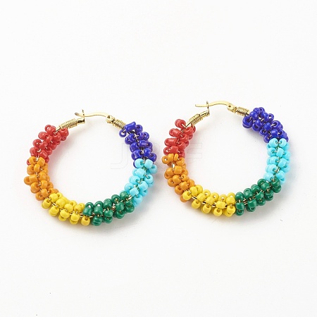 Porcelain Beaded Huggie Hoop Earrings for Women EJEW-C003-01C-RS-1