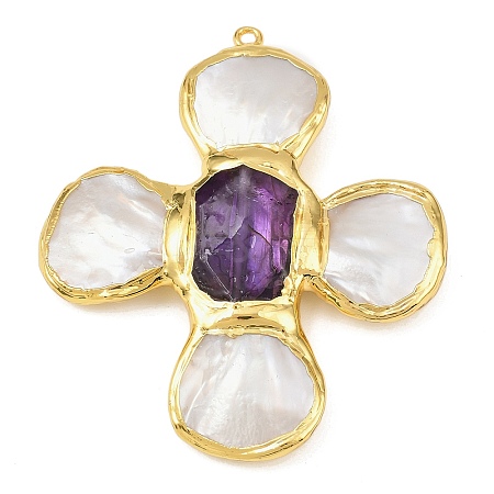 Natural Amethyst & Shell Pearl Big Pendants KK-H516-24G-01-1