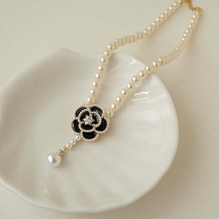 Valentine's Day Flower Alloy Enamel Pendant Plastic Pearl Round Beaded Choker Necklaces FS-WG66EB5-04-1