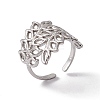 304 Stainless Steel Hollow Out Leaf Open Cuff Ring for Women RJEW-C045-16P-1