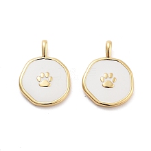 Flat Round with Paw Print Pattern Rack Plating Brass Enamel Pendants KK-G512-12G