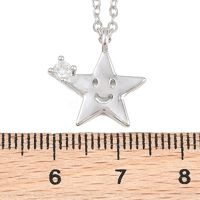 Brass Pave Clear Cubic Zirconia Smiling Face Star Pendant Necklaces KK-CBA6599-04A-P-1