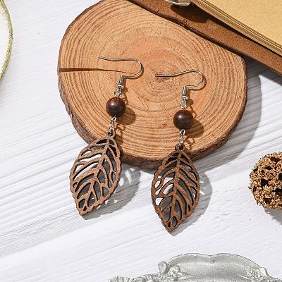 Leaf Natural Walnut Wood Dangle Earrings for Women EJEW-JE06101-01-1