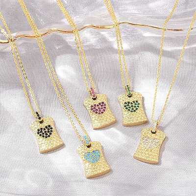 Brass Micro Pave Cubic Zirconia Rectangle with Heart Pendant Adjustable Slider Necklaces KK-CBA4547-08G-1