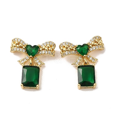 Rack Plating Real 18K Gold Plated Brass Bowknot with Rectangle Dangle Stud Earrings EJEW-B034-10G-1