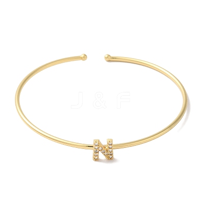 Rack Plating Brass Micro Pave Clear Cubic Zirconia Letter Open Cuff Bangles BJEW-A018-01G-N-1