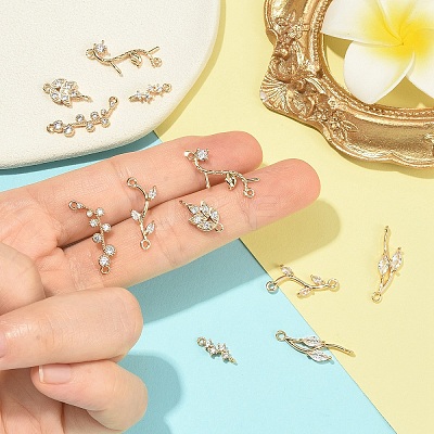6Pcs 6 Styles Brass Micro Pave Cubic Zirconia Leaf Branch Links Connector Charms KK-YW0004-38-RS-1