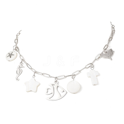 Alloy & Natural White Shell Pendant Brass Paperclip Chain Necklaces for Women NJEW-JN05406-01-1