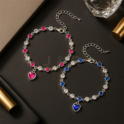 2Pcs 2 Colors Heart Alloy Rhinestone Charms Bracelets BJEW-HY0001-06-1
