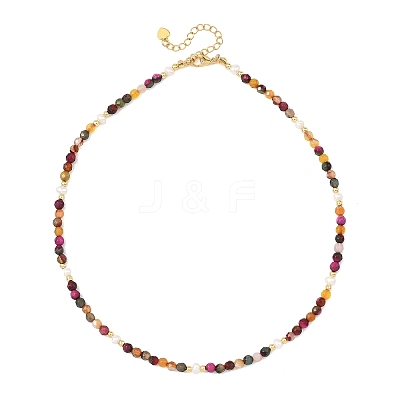 Dyed & Heated Faceted Round Natural Agate and Cultured Freshwater Pearl Beaded Necklaces for Women NJEW-JN06240-01-1