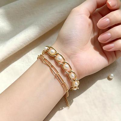 Vintage White Round Imitation Pearl Iron Chain 2-Strand Bracelets for Women HP8707-1