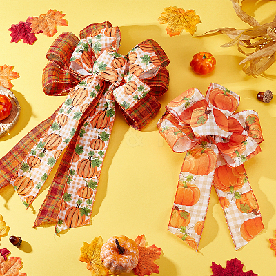 4Pcs 2 Style Pumpkin Pattern Ployester Bowknot Display Decoration DIY-CA0004-37-1