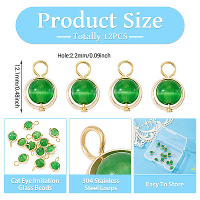12Pcs Brass & Glass Imitation Cat Eye Round Charms PALLOY-TAC0237-03-1