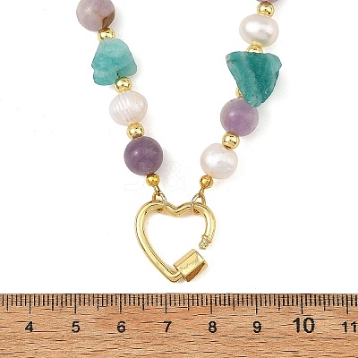 Raw Rough Natural Amazonite & Round Amethyst & Potato Pearl Beaded Necklaces with Brass Screw Carabiner Lock Charms NJEW-JN06583-01-1