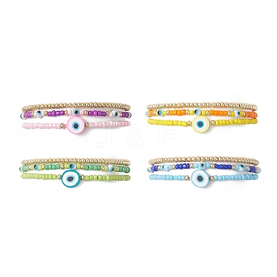 3Pcs 3 Style Evil Eye Polymer Clay & Glass Seed Beaded Stretch Bracelets Set for Women BJEW-JB09228-1