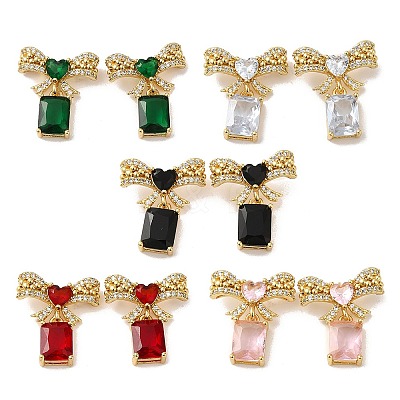 Rack Plating Real 18K Gold Plated Brass Bowknot with Rectangle Dangle Stud Earrings EJEW-B034-10G-1