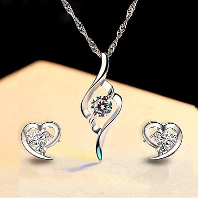 Heart Alloy Rhinestone Stud Earrings & Pendant Necklace Sets for Women FS-WG883D5-01-1