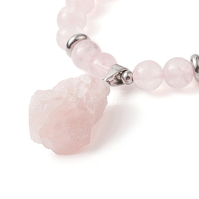 Round Natural Rose Quartz Beaded Stretch Bracelet with Nuggets Charms for Women BJEW-JB09316-02-1