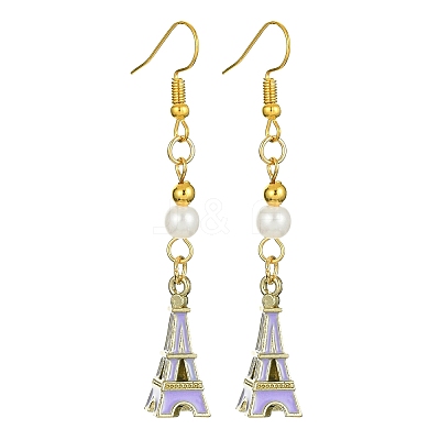 Alloy Enamel Eiffel Tower Dangle Earrings with Imitation Pearl Beaded EJEW-JE05422-02-1