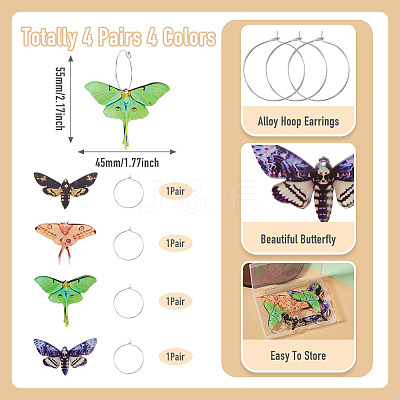 4 Pairs 4 Colors Butterfly Alloy & Acrylic Hoop Earrings EJEW-TA0001-88B-1