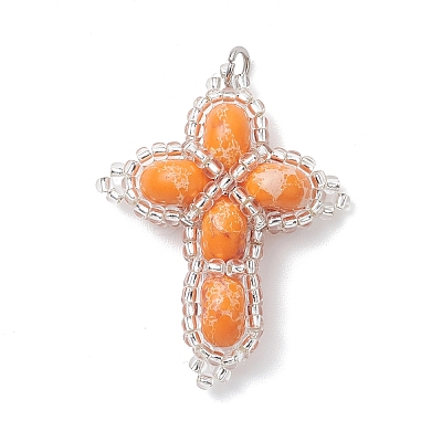 Dyed Synthetic Imperial Jasper with Glass Seed Beaded Pendants PALLOY-MZ01119-03-1
