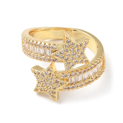 Clear Cubic Zirconia Double Star Open Cuff Rings RJEW-P089-02G-1