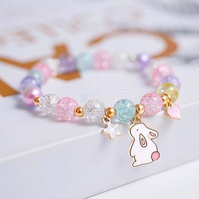 Easter Rabbit Crackle Glass Round Beaded Stretch Bracelets FS-WG32C26-01-1