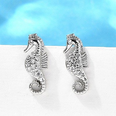 Sea Horse Brass Micro Pave Cubic Zirconia Ear Studs EJEW-D304-38P-1
