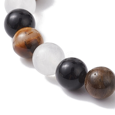 Natural Yellow Tiger Eye & Selenite & Eyeless Obsidian Round Beaded Stretch Bracelets BJEW-JB10114-03-1