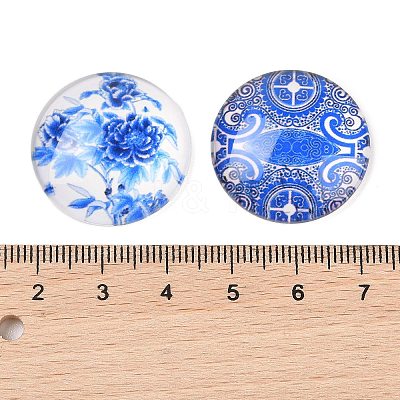 Blue and White Floral Printed Glass Cabochons GGLA-A002-25mm-XX-1