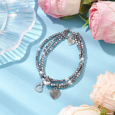 Cube Electroplated Synthetic Non-magnetic Hematite & Natural Pearl Multi-strand Beaded Bracelets BJEW-JB10571-1
