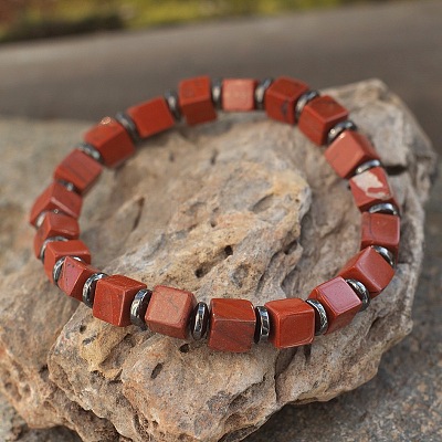 Cube Natural Red Jasper & Synthetic Non-magnetic Hematite Beads Stretch Bracelets for Women Men PF6426-18-1