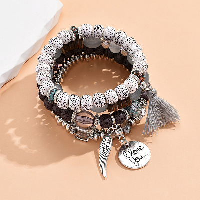 Bohemin Style Natural Moon and Star Xingyue Bodhi Beads Stretch Bracelet Set WG2BA1D-03-1