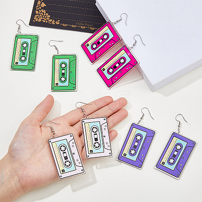 4 Pairs 4 Colors Acrylic Audio Tape Shape Dangle Earrings with 304 Stainless Steel Pins for Women EJEW-FI0003-26-1