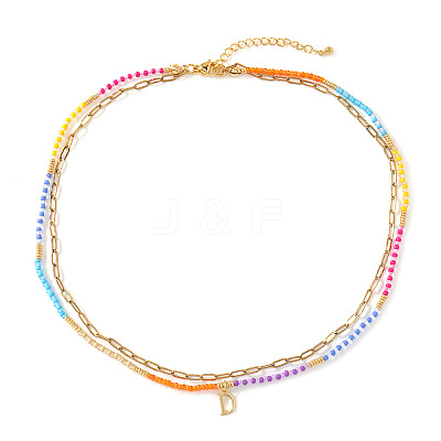 Colorful Glass Seed Beaded Initial Pendant Double Layer Necklaces QS3881-4-1